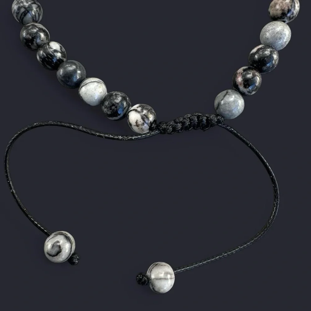 Black Picasso Jasper Adjustable Gemstone Bead Bracelet 6mm